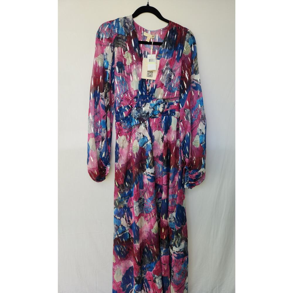 Adrienne Landau Quartz Pink Blue Abstract Metallic Maxi Dress Size 4 NWT Boho
